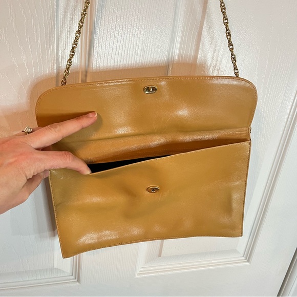 Vintage Italian Leather Double Flap Clutch Bag Caramel Brown Gold Chain 90s Luxe - Picture 6 of 12